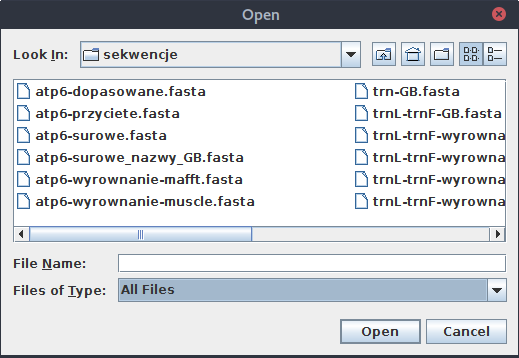 jModelTest - widoczne pliki \*.fasta