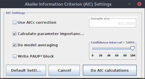 jModelTest - parametry obliczenia AIC